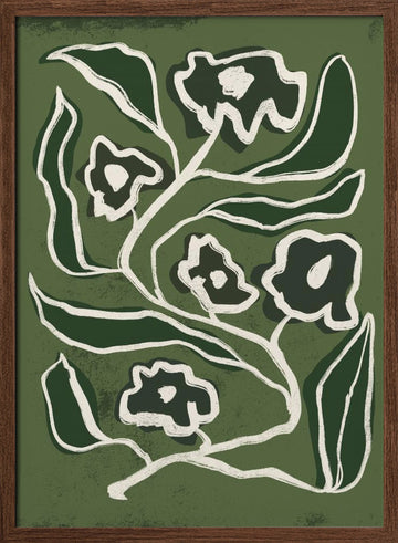 Modern Green Flowers | Poster - Walnut Frame Interior
