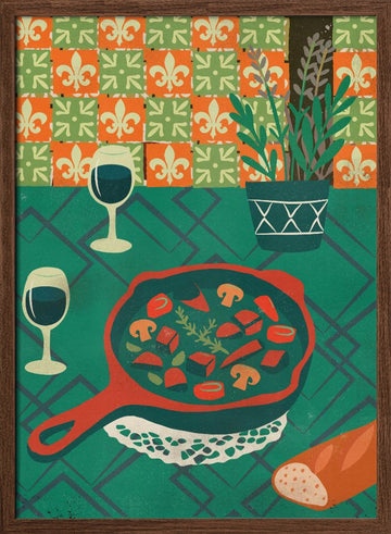 Cozy French Dinner | Poster - Walnut Frame Interior
