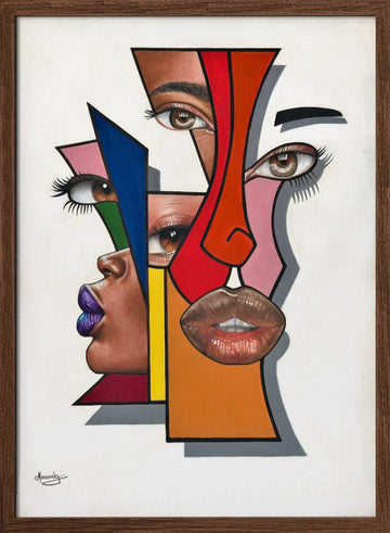 Abstract Geometric Faces | Poster - Walnut Frame Interior