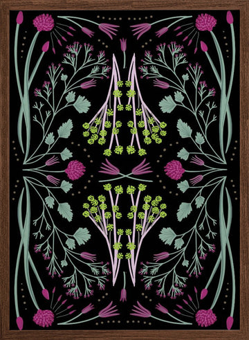Folk Mirrored - Black, Green and Pink | Poster - Walnut Frame Interior