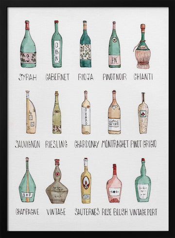 Wine Bottle Medley | Poster - Black Metal Frame Interior