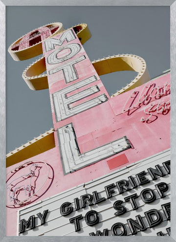 Pink Retro Motel Sign | Poster - Silver Frame Interior