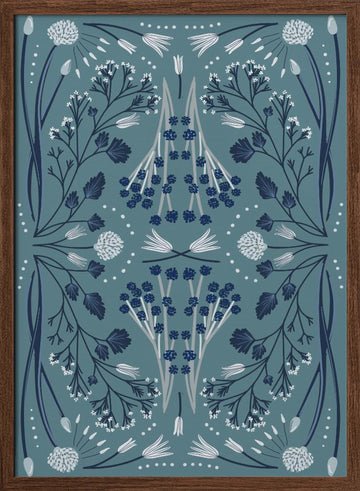 Folk Mirrored - Blue and Green | Poster - Walnut Frame Interior