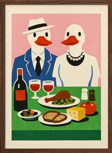Ducks Dinner Date | Poster - Walnut Frame Interior