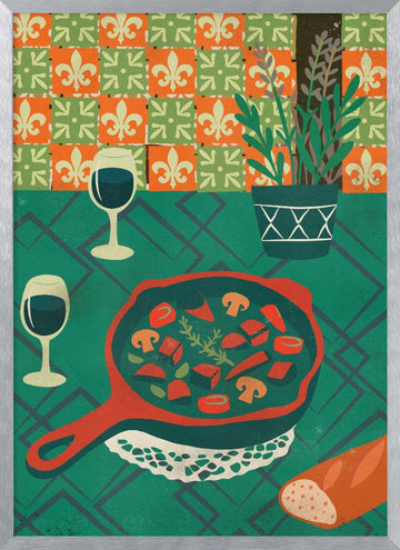 Cozy French Dinner | Poster - Silver Frame Interior