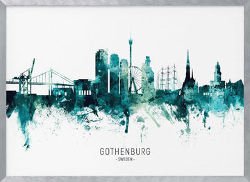 Gothenburg Watercolor Skyline | Poster - Silver Frame Interior
