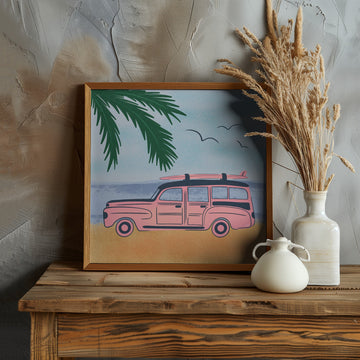 Pink Beach Surfer Car | Poster - Room Interior 1