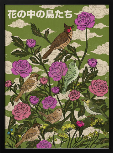 Garden Birds And Roses | Poster - Black Metal Frame Interior