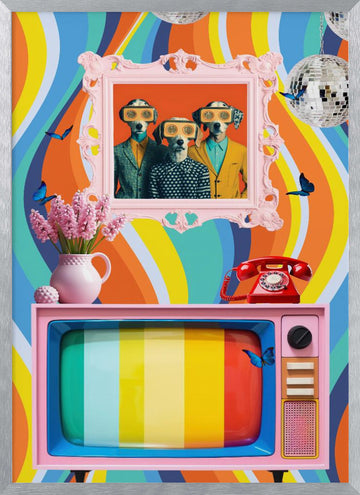 Colorful Retro Dog Scene | Poster - Silver Frame Interior