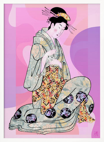Elegant Geisha Kneeling | Poster - White Frame Interior