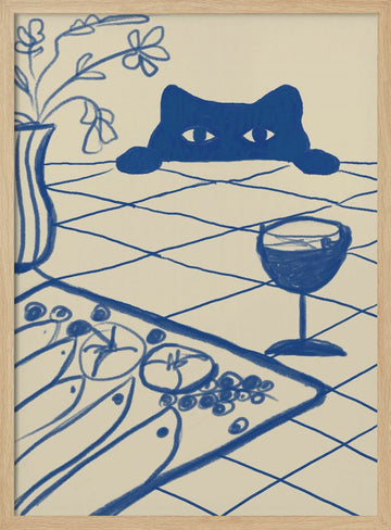 Curious Blue Cat Dinner | Poster - Wood Frame Interior