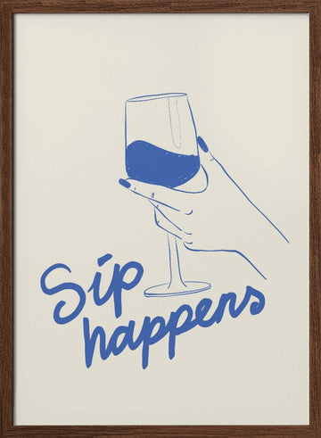 Sip Happens Wine Glass | Poster - Walnut Frame Interior