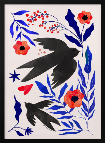 Black Swallows Blue Botanicals | Poster - Black Metal Frame Interior