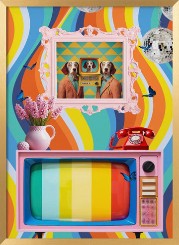 Colorful Retro Dog Scene | Poster - Gold Frame Interior