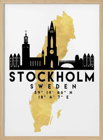 Stockholm Gold Map Skyline | Poster - Wood Frame Interior