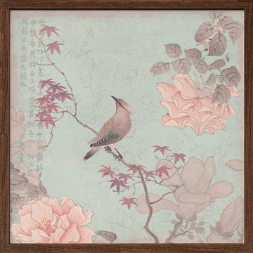 Serene Asian Bird Art | Poster - Walnut Frame Interior