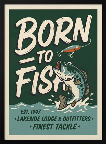 Retro Bass Fishing Sign | Poster - Black Metal Frame Interior