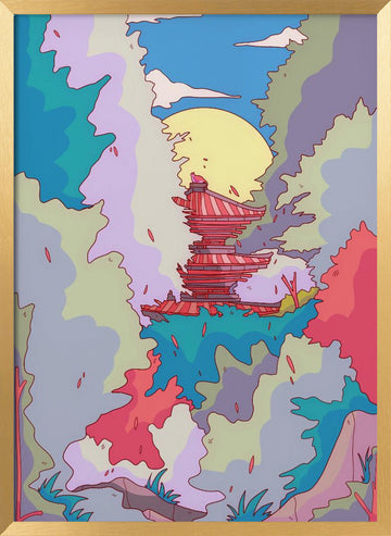Moonlit Fantasy Pagoda | Poster - Gold Frame Interior