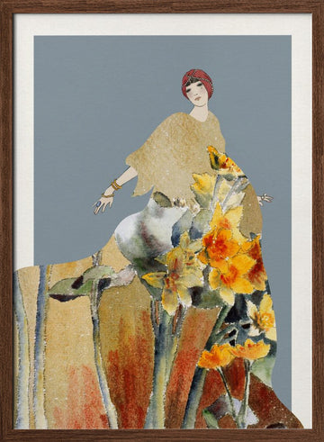 Golden Floral Woman | Poster - Walnut Frame Interior