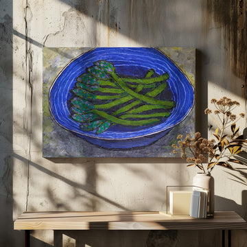 Green Asparagus In Blue Bowl | Canvas - Room Interior 2