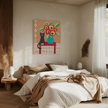 Whimsical Cat Floral Still Life | Canvas - Room Interior 2