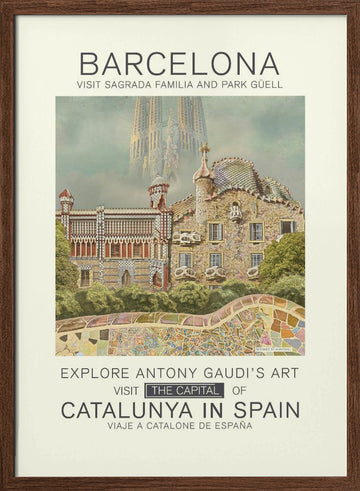 Barcelona Gaudi Landmarks | Poster - Walnut Frame Interior