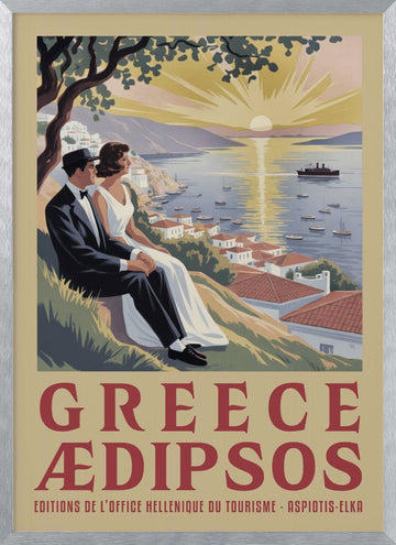Couple's Greek Sunset | Poster - Silver Frame Interior