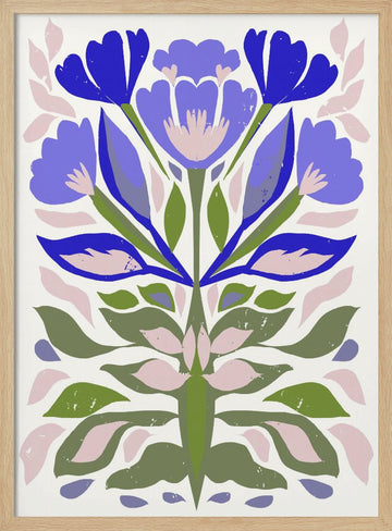 Blue Floral Folk Art | Poster - Wood Frame Interior