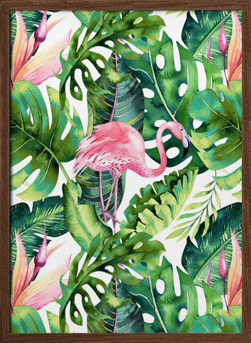 Tropical Flamingo Leaves | Poster - Walnut Frame Interior