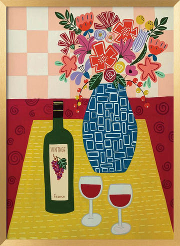 Vibrant Wine and Flowers | Poster - Gold Frame Interior
