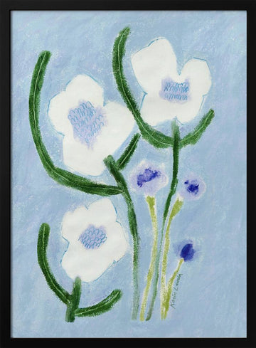 Blue Pastel Flowers | Poster - Black Metal Frame Interior