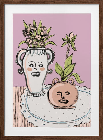 Happy Faces Flower Pots | Poster - Walnut Frame Interior