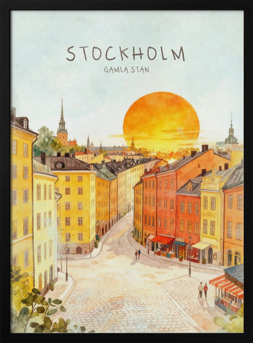 Stockholm Gamla Stan Sunset | Poster - Black Metal Frame Interior