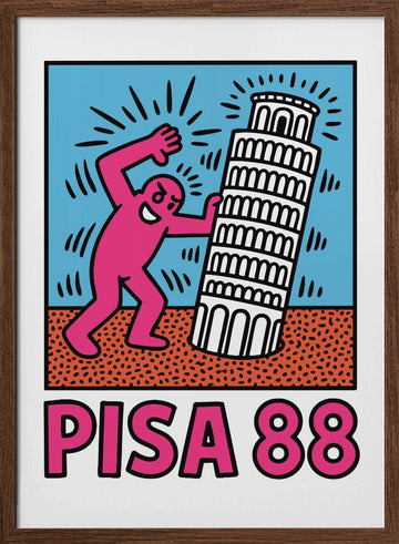 Playful Pisa Tower Push | Poster - Walnut Frame Interior
