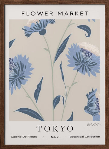 Tokyo Blue Flowers | Poster - Walnut Frame Interior