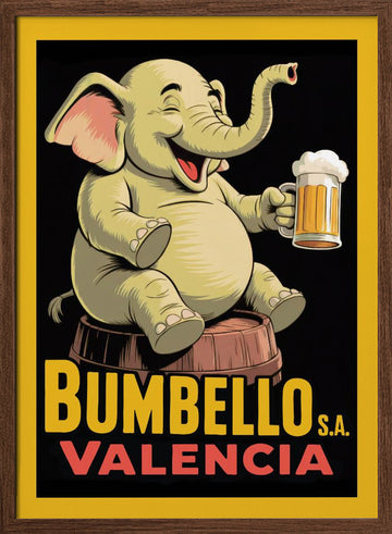 Cheerful Elephant With Beer | Poster - Walnut Frame Interior