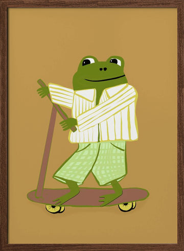 Frog On A Scooter | Poster - Walnut Frame Interior