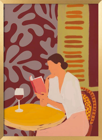 Leisurely Cafe Reading | Poster - Gold Frame Interior