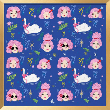 Whimsical Girls Swans Pattern | Poster - Gold Frame Interior