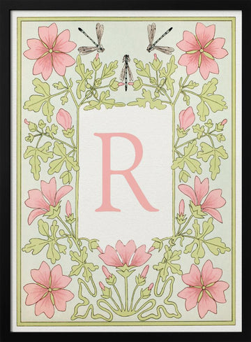 Pink Floral Letter R | Poster - Black Metal Frame Interior