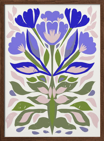 Blue Floral Folk Art | Poster - Walnut Frame Interior