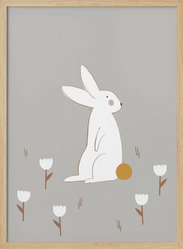 White Bunny Among Flowers | Poster - Wood Frame Interior