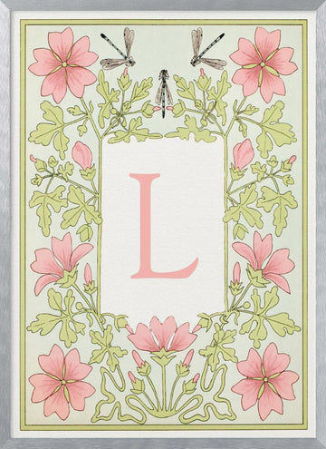 Pink Floral Letter L | Poster - Silver Frame Interior