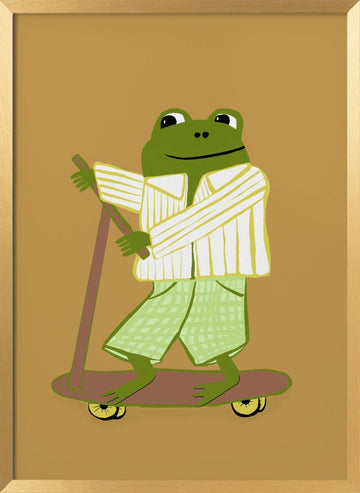 Frog On A Scooter | Poster - Gold Frame Interior