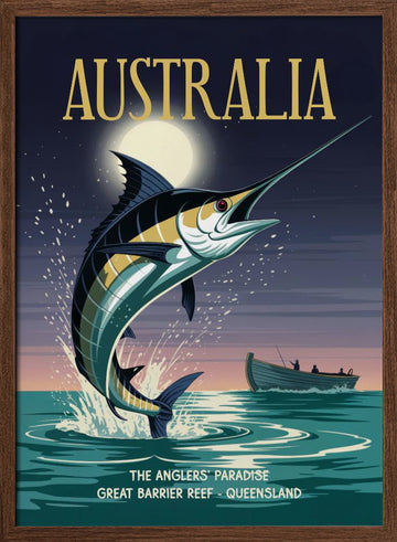 Leaping Marlin Australia Night | Poster - Walnut Frame Interior