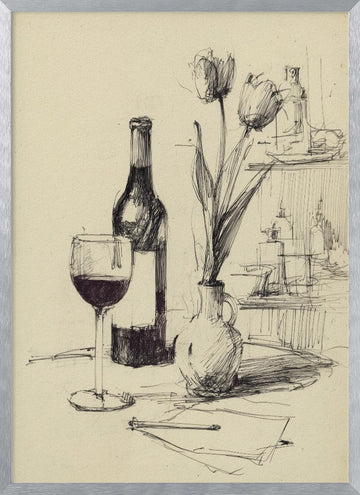 Wine and Tulips Sketch | Poster - Silver Frame Interior