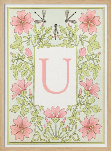 Pink Floral Letter U | Poster - Wood Frame Interior