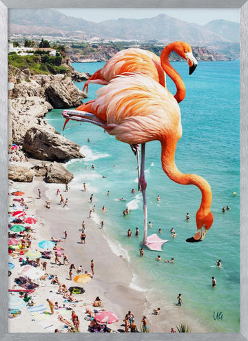 Surreal Beach Flamingos | Poster - Silver Frame Interior
