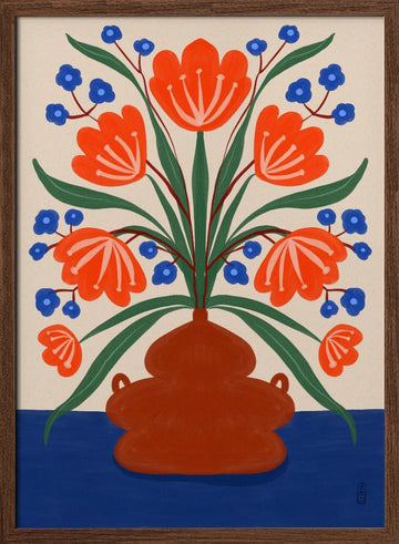 Vibrant Floral Terracotta Vase | Poster - Walnut Frame Interior