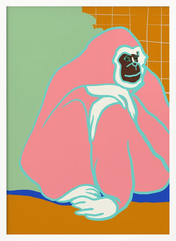 Thoughtful Pink Gorilla | Poster - White Frame Interior